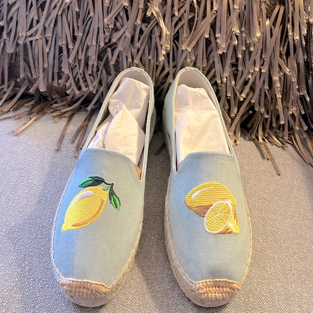 Women’s size 10 denim and lemon espadrilles. New, never worn